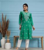 Hand Embroidered Green Cotton Lucknowi Chikankari Indian Women Straight Kurta
