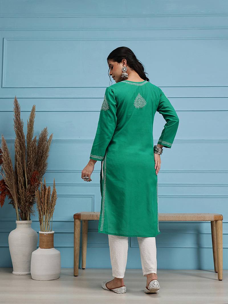 Hand Embroidered Green Cotton Lucknowi Chikankari Indian Women Straight Kurta