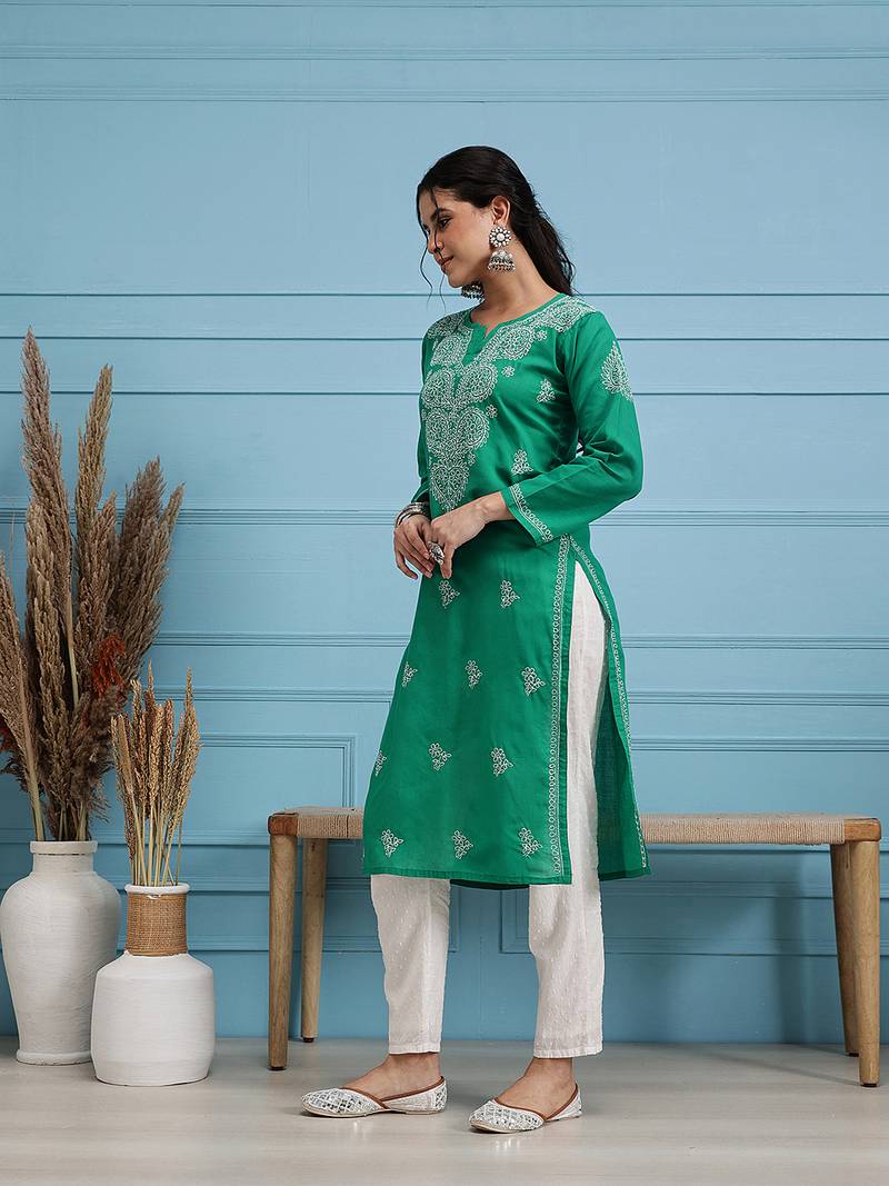 Hand Embroidered Green Cotton Lucknowi Chikankari Indian Women Straight Kurta