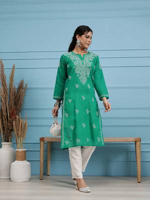 Hand Embroidered Green Cotton Lucknowi Chikankari Indian Women Straight Kurta 4