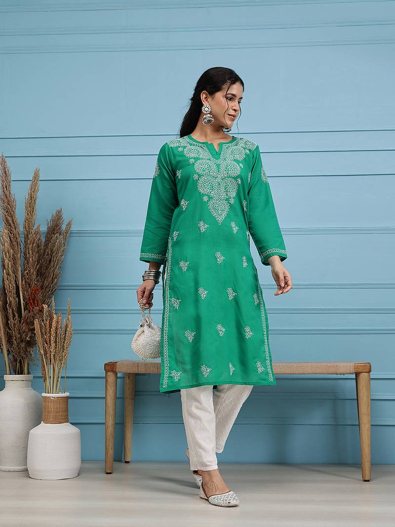 Hand Embroidered Green Cotton Lucknowi Chikankari Indian Women Straight Kurta