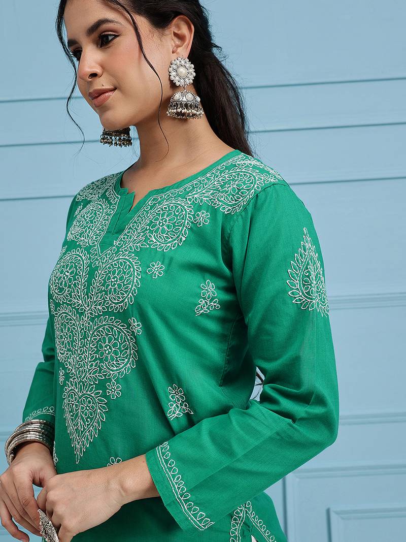 Hand Embroidered Green Cotton Lucknowi Chikankari Indian Women Straight Kurta