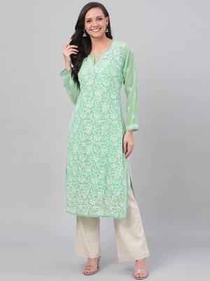 Hand Embroidered Green Georgette Lucknowi Chikankari Indian Women Kurta With Slip 1
