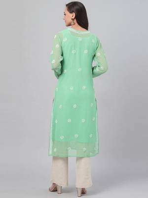 Hand Embroidered Green Georgette Lucknowi Chikankari Indian Women Kurta With Slip 3