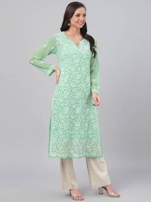 Hand Embroidered Green Georgette Lucknowi Chikankari Indian Women Kurta With Slip 4