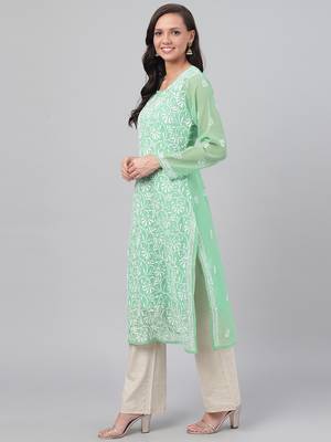 Hand Embroidered Green Georgette Lucknowi Chikankari Indian Women Kurta With Slip 5