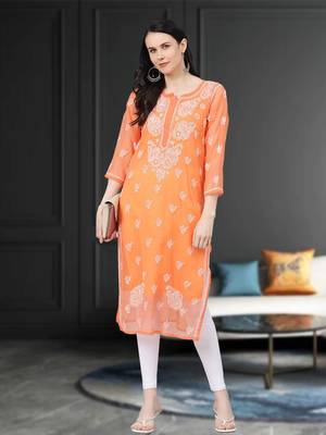 ADA Hand Embroidered Rust Georgette Lucknowi Chikankari Indian Women Straight Kurta With Slip - A411156 1