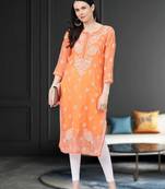 ADA Hand Embroidered Rust Georgette Lucknowi Chikankari Indian Women Straight Kurta With Slip - A411156