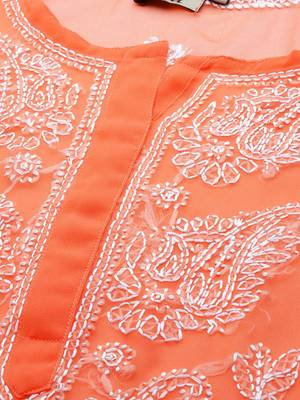 ADA Hand Embroidered Rust Georgette Lucknowi Chikankari Indian Women Straight Kurta With Slip - A411156 2