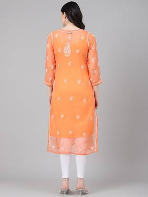 ADA Hand Embroidered Rust Georgette Lucknowi Chikankari Indian Women Straight Kurta With Slip - A411156 3