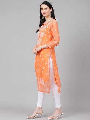 ADA Hand Embroidered Rust Georgette Lucknowi Chikankari Indian Women Straight Kurta With Slip - A411156 4
