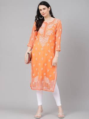 ADA Hand Embroidered Rust Georgette Lucknowi Chikankari Indian Women Straight Kurta With Slip - A411156 5