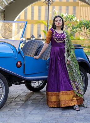 Purple Silk Jacquard weaving Embroidered Gown With Dupatta 1