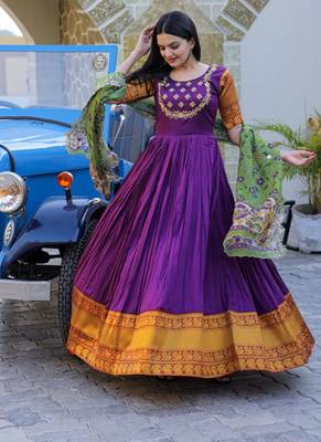 Purple Silk Jacquard weaving Embroidered Gown With Dupatta 2