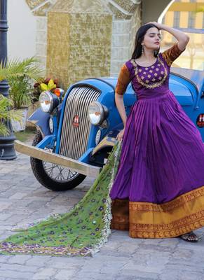 Purple Silk Jacquard weaving Embroidered Gown With Dupatta 5