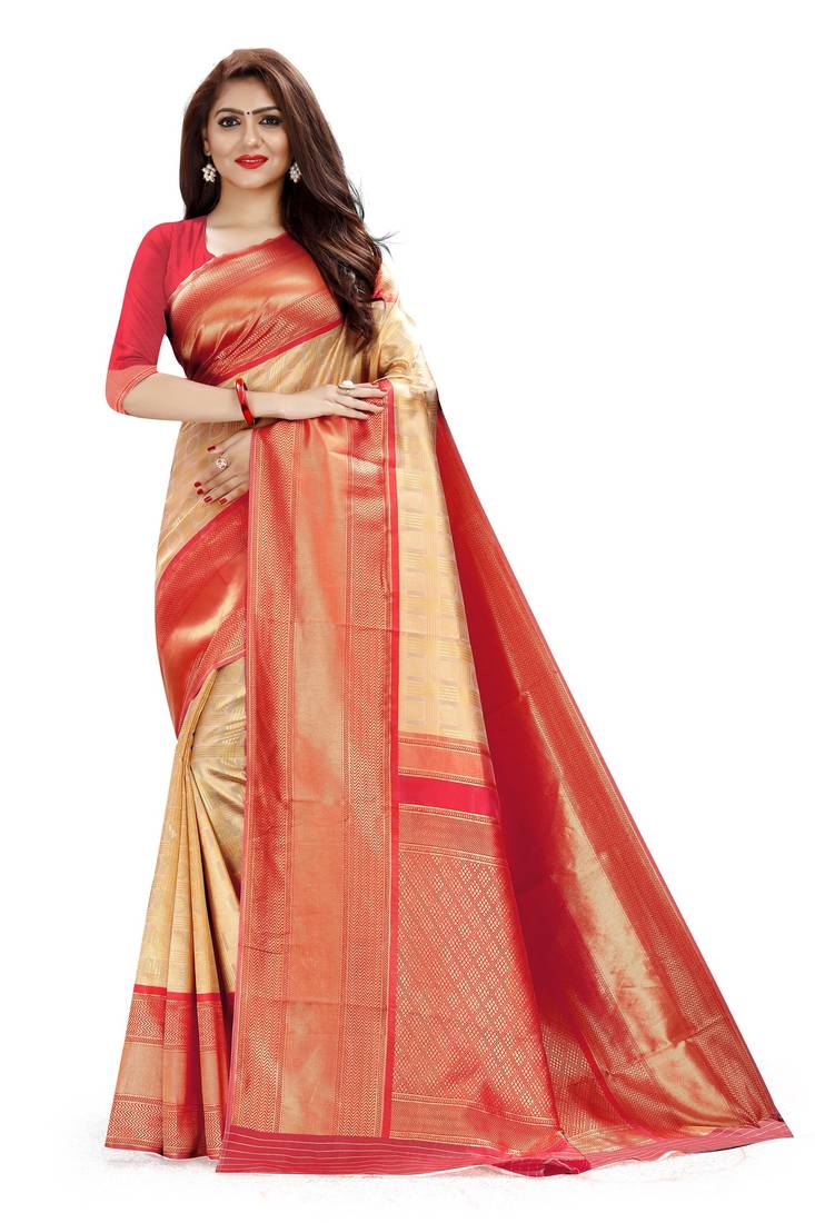 CREAM KANCHIPURAM BEAUTIFUL SILK SAREE 