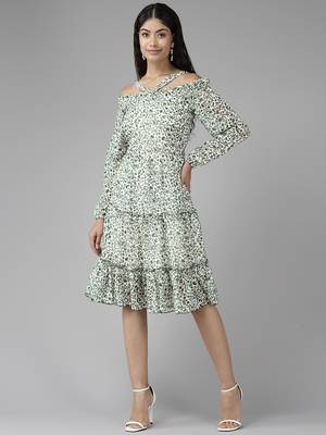 Green printed georgette short-dresses 1