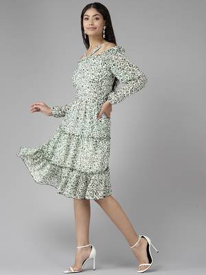 Green printed georgette short-dresses 3