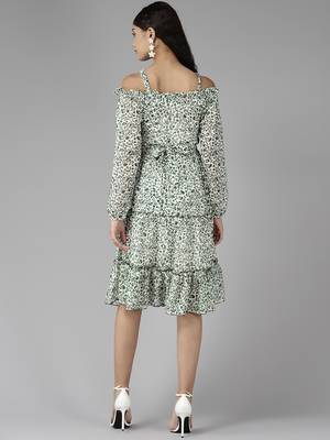 Green printed georgette short-dresses 4