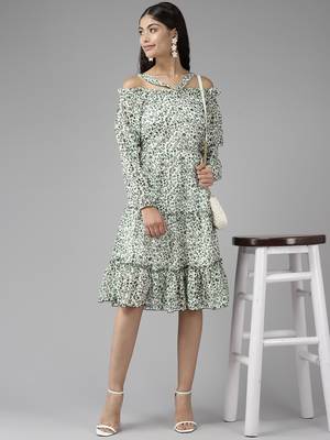 Green printed georgette short-dresses 5