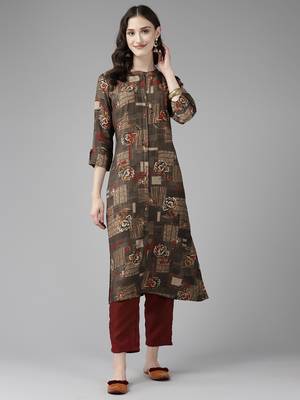 Brown printed cotton ethnic-kurtis 1