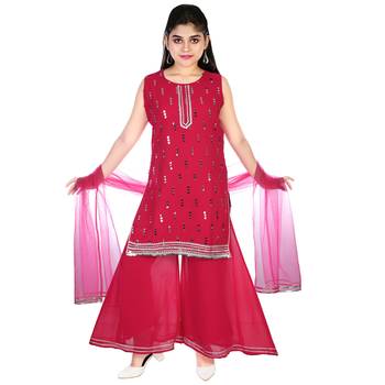 Aura Girls Pink Ready Made Ethnic Party Wear Embroidery Sequins Georgette Palazzo Suit With Net Dupatta 4