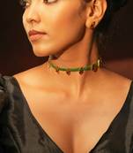Gold tone temple necklace set-Green Thread Choker