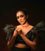 Gold tone temple necklace set-Pink Thread Choker