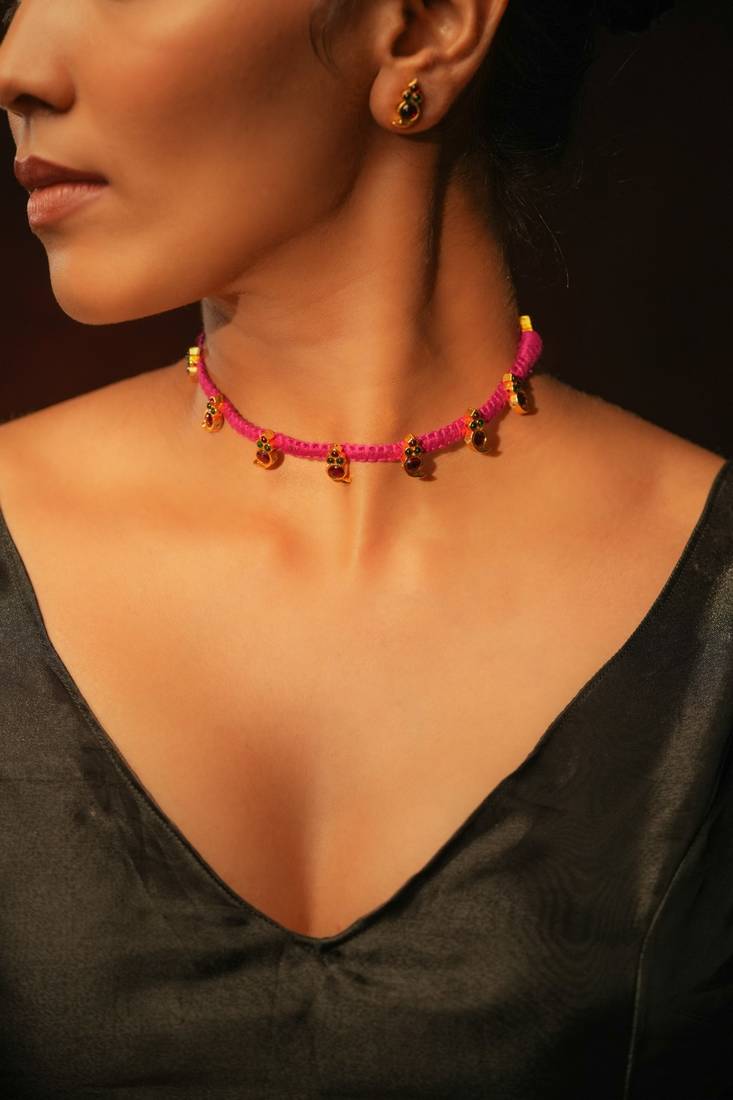 Gold tone temple necklace set-Pink Thread Choker