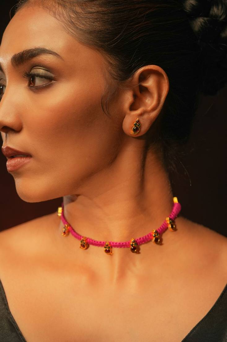 Gold tone temple necklace set-Pink Thread Choker