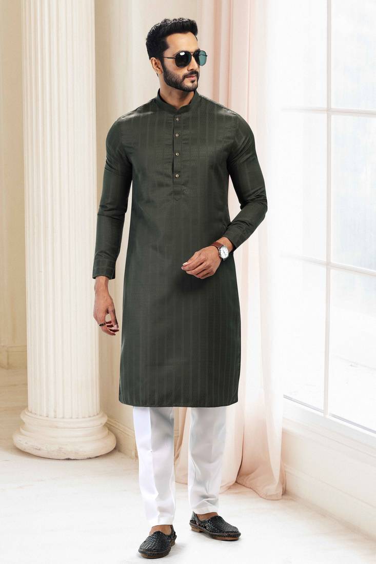 Green woven silk kurta-pajama