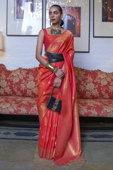 Orange Woven Silk Blend Saree With Blouse