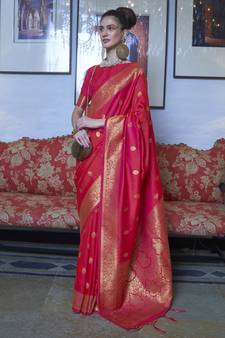 Rani pink woven silk saree with blouse