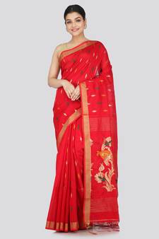 PinkLoom Women's  Red Hand_Woven Cotton-Silk-Sarees With Unstitched Blouse Piece