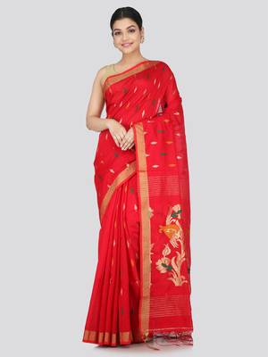 PinkLoom Women's  Red Hand_Woven Cotton-Silk-Sarees With Unstitched Blouse Piece 1