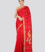 PinkLoom Women's  Red Hand_Woven Cotton-Silk-Sarees With Unstitched Blouse Piece