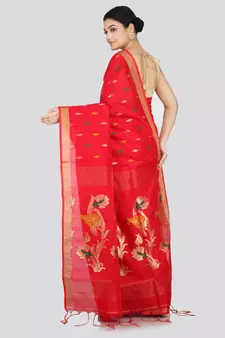 PinkLoom Women's  Red Hand_Woven Cotton-Silk-Sarees With Unstitched Blouse Piece