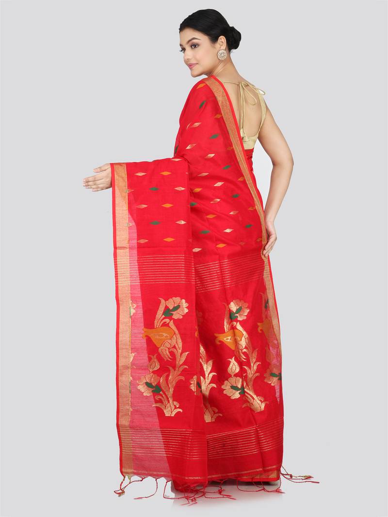 PinkLoom Women's  Red Hand_Woven Cotton-Silk-Sarees With Unstitched Blouse Piece