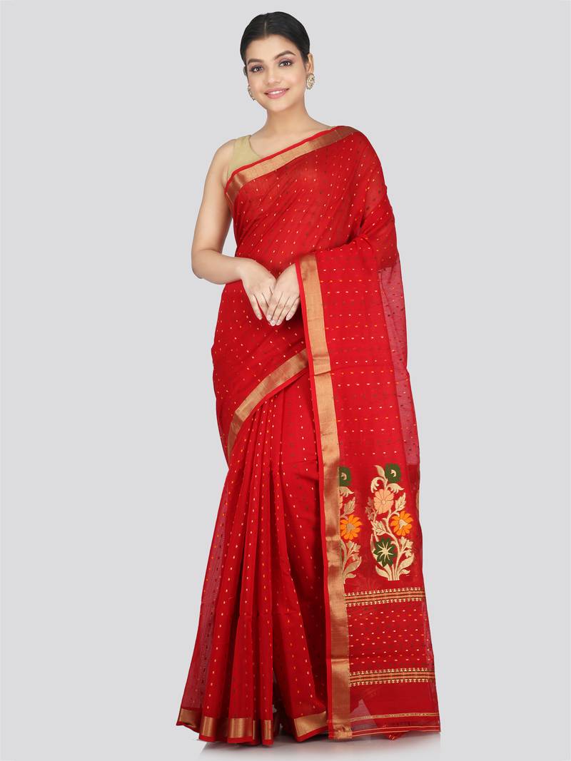 Snuggle Spot Women's Cotton Silk Checkered Saree With Unstitched Blouse 5.5Mtr (Red) main image 0