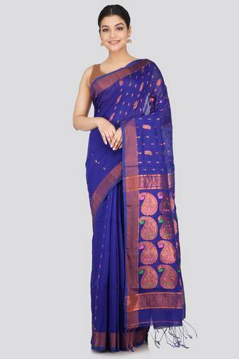 PinkLoom Women's  Blue Hand_Woven Cotton-Silk-Sarees With Unstitched Blouse Piece