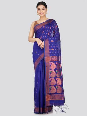 PinkLoom Women's  Blue Hand_Woven Cotton-Silk-Sarees With Unstitched Blouse Piece 1