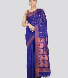 PinkLoom Women's  Blue Hand_Woven Cotton-Silk-Sarees With Unstitched Blouse Piece