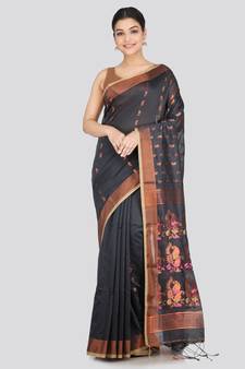 PinkLoom Women's  Grey Hand_Woven Cotton-Silk-Sarees With Unstitched Blouse Piece