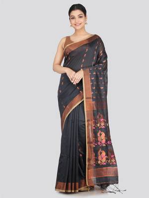PinkLoom Women's  Grey Hand_Woven Cotton-Silk-Sarees With Unstitched Blouse Piece 1