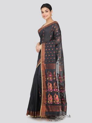 PinkLoom Women's  Grey Hand_Woven Cotton-Silk-Sarees With Unstitched Blouse Piece 2