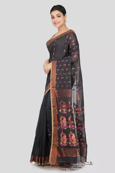 PinkLoom Women's  Grey Hand_Woven Cotton-Silk-Sarees With Unstitched Blouse Piece