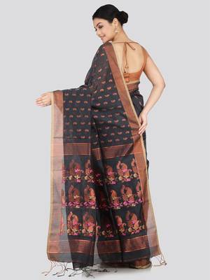 PinkLoom Women's  Grey Hand_Woven Cotton-Silk-Sarees With Unstitched Blouse Piece 3