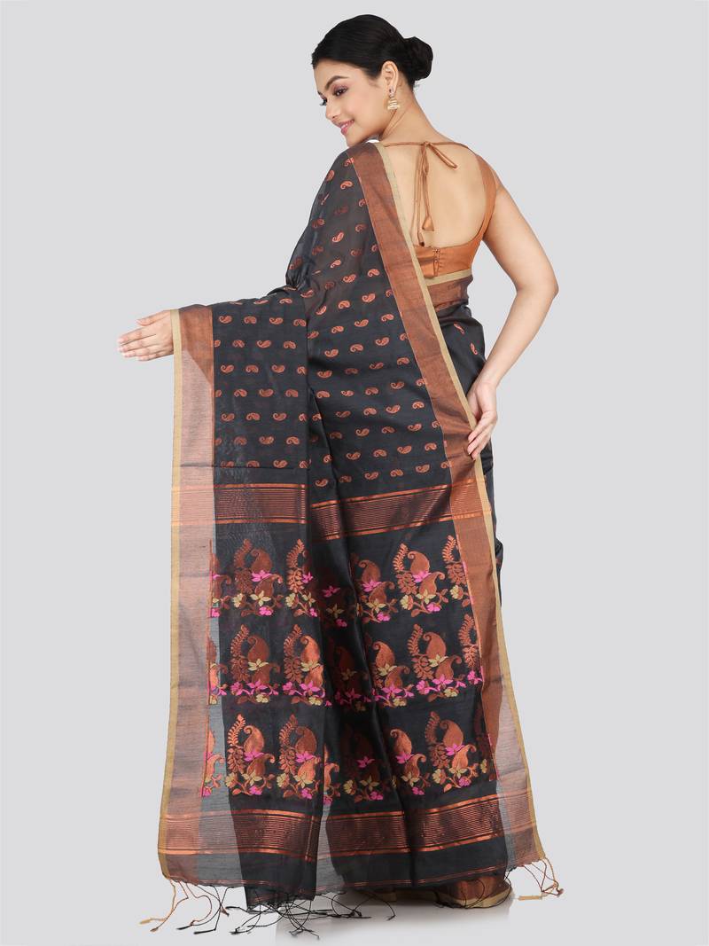 PinkLoom Women's  Grey Hand_Woven Cotton-Silk-Sarees With Unstitched Blouse Piece