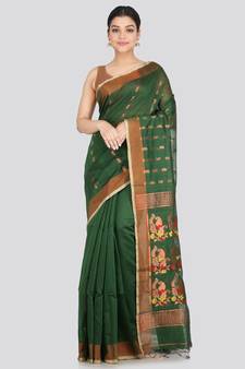 PinkLoom Women's  Green Hand_Woven Cotton-Silk-Sarees With Unstitched Blouse Piece