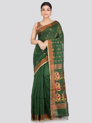 PinkLoom Women's  Green Hand_Woven Cotton-Silk-Sarees With Unstitched Blouse Piece 1